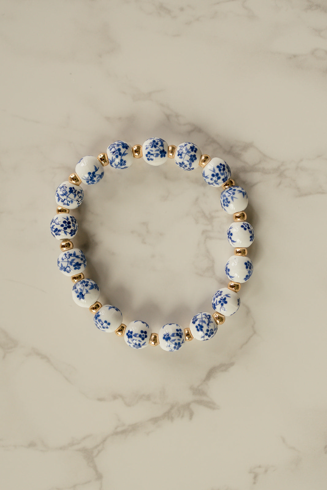 blue and white flowered beads