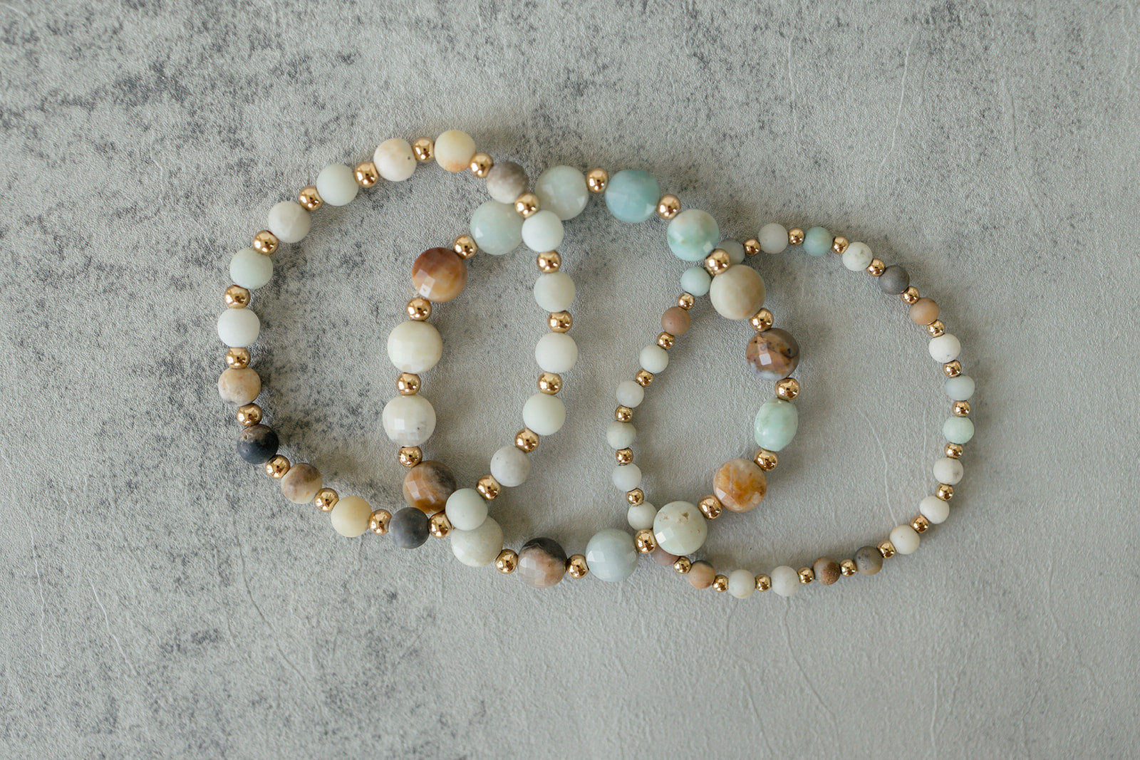 three Faceted Amazonite Gilded Stone Bracelets