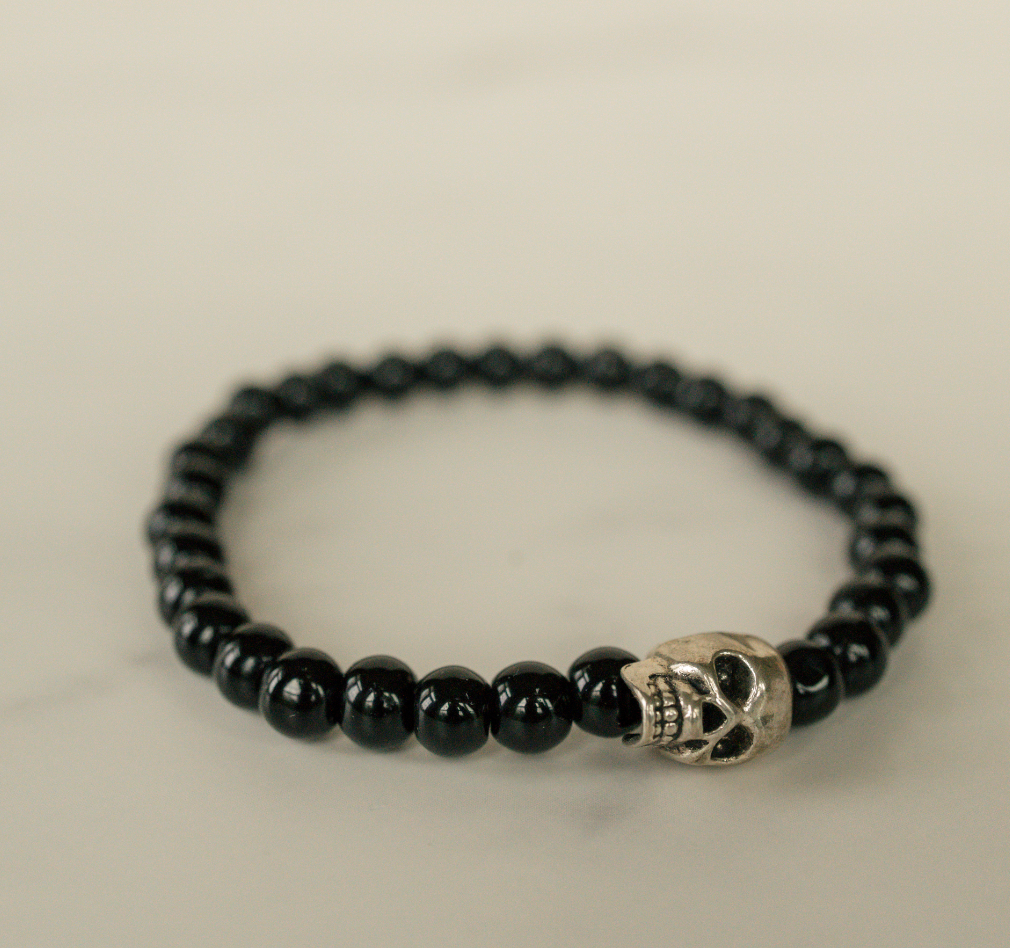 Matte Black Beaded Silver Skull Bracelet