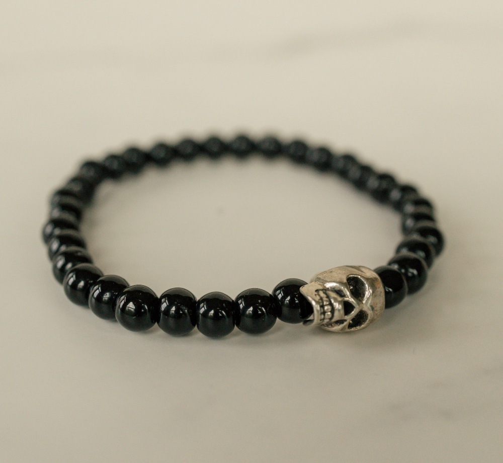 Matte Black Beaded Silver Skull Bracelet