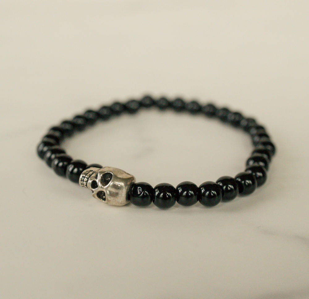 Matte Black Beaded Silver Skull Bracelet